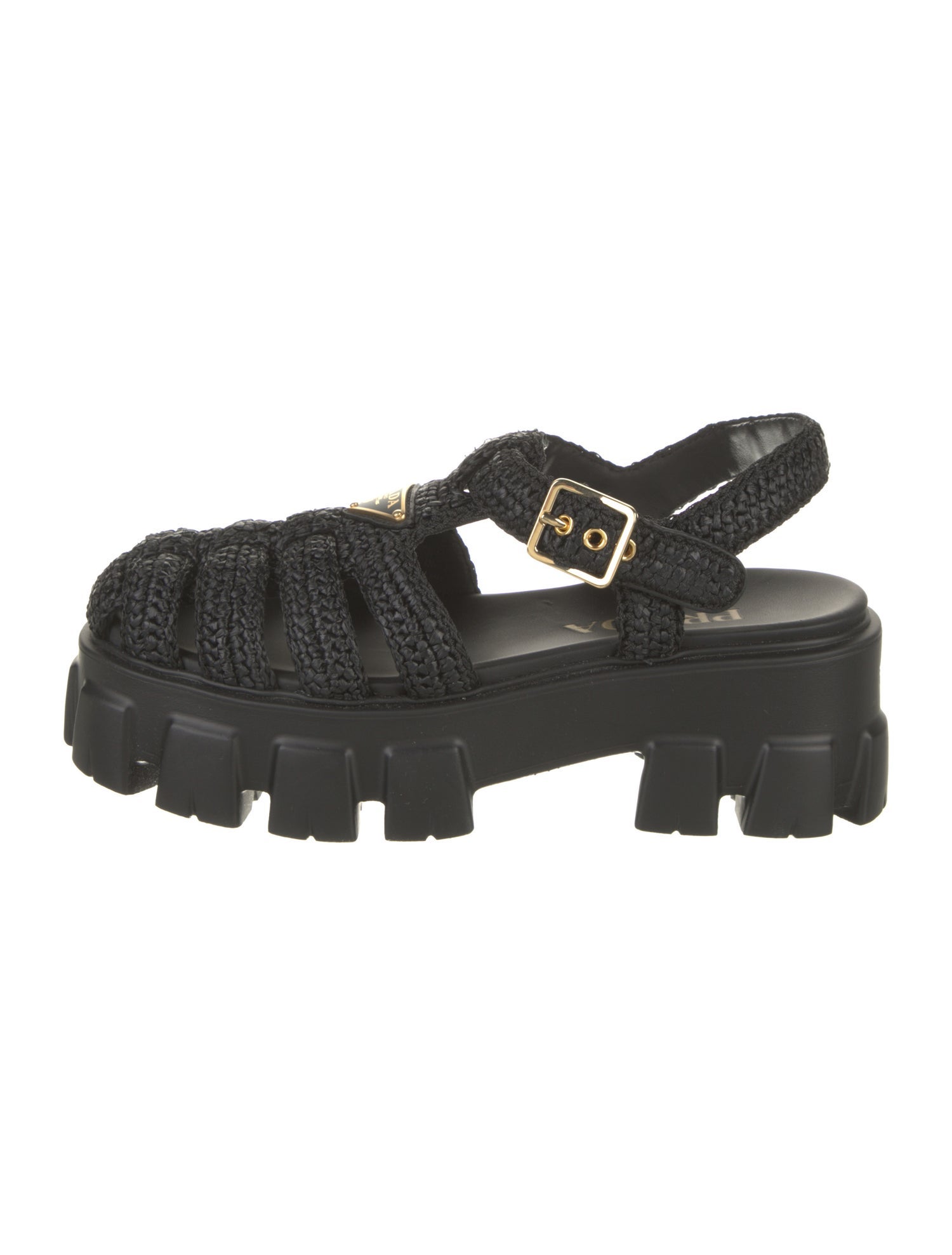 Prada Enameled Metal Triangle Raffia Slingback Sandals